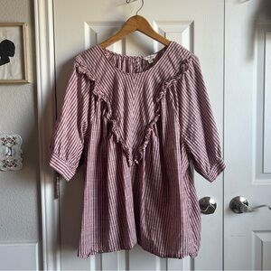 terra & sky pink monochrome striped short sleeve ruffle blouse